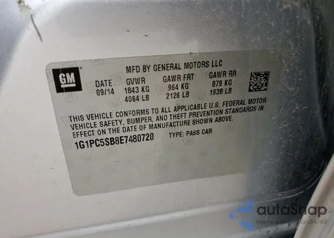 2014 Chevrolet Cruze Lt из США, поврежденный, VIN 1G1PC5SB8E7480720